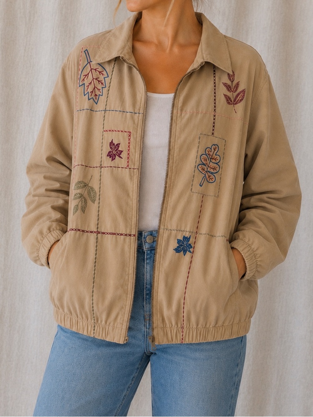 Vintage Alfred Dunner Fall Leaf Embroidered Zip Up Jacket XL